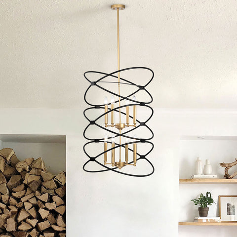 Misty Valley 8-Light Transitional Black Metal Chandelier Fixture,2-Tier-Candle Ceiling Light for Living Room, Bedroom, Dining Room，Dimmable，E12，W23.6*H55Transitional Gold/Matte Black Metal Chandelier,2-Tier-Candle Ceiling Light for Living Room, W23.6*H55