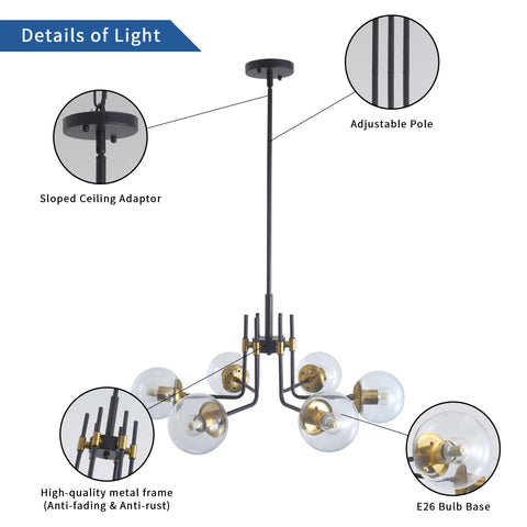 Misty Valley Modern 6-light American style Chandelier Black Gold Iron Glass Lampshade for Living Room