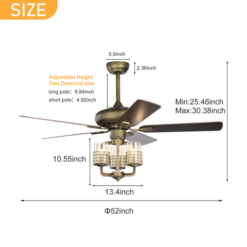 Misty Valley 52in. Modern Bronze Adjustable Height Ceiling Fan with Light, Traditional Reversible Airflow Ceiling Fan