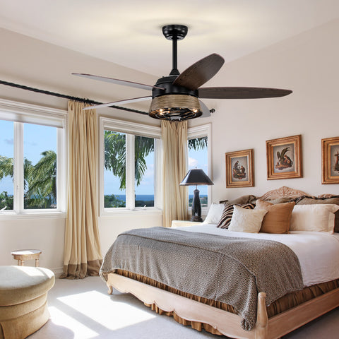 Misty Valley 52in. Modern Industrial Black Ceiling Fan with Remote, Wood Ceiling Fan for Patio Living Room