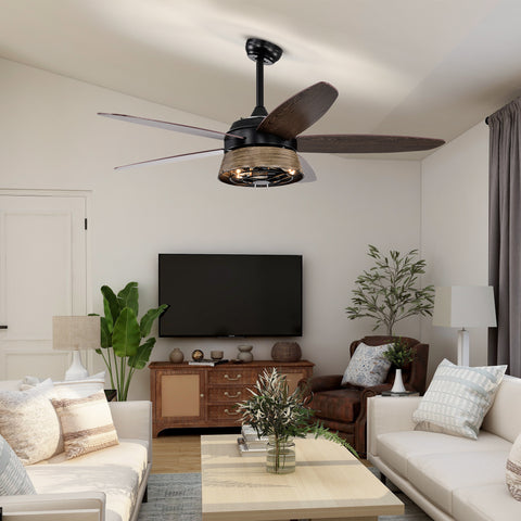 Misty Valley 52in. Modern Industrial Black Ceiling Fan with Remote, Wood Ceiling Fan for Patio Living Room