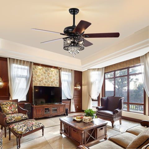 Misty Valley 52in. Modern Glam Crystal Matte Black Reversible Ceiling Fan with Light