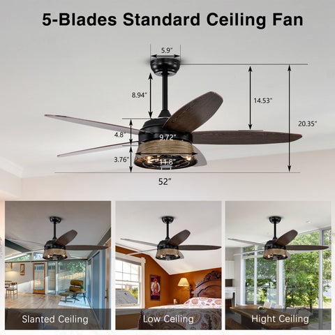 Misty Valley 52in. Modern Industrial Black Ceiling Fan with Remote, Wood Ceiling Fan for Patio Living Room