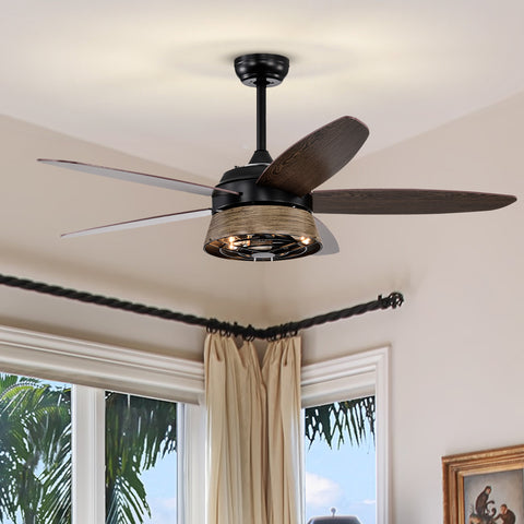 Misty Valley 52in. Modern Industrial Black Ceiling Fan with Remote, Wood Ceiling Fan for Patio Living Room