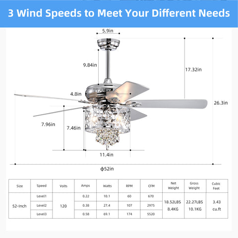 Misty Valley 52in. Modern Chrome Crystal Reversible Ceiling Fan with Light Remote Control, for Living Room,Bedroom