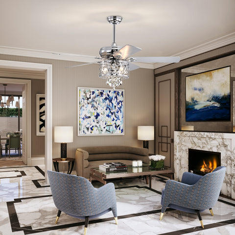 Misty Valley 52in. Modern Chrome Crystal Reversible Ceiling Fan with Light Remote Control, for Living Room,Bedroom