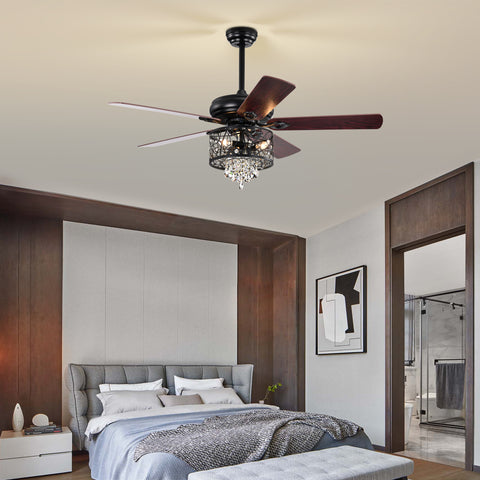 Misty Valley 52in. Modern Glam Crystal Matte Black Reversible Ceiling Fan with Light