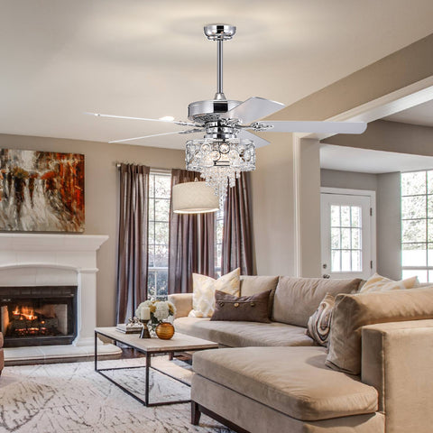 Misty Valley 52in. Modern Glam Chrome Crystal Reversible Ceiling Fan with Light,Remote Control Ceiling Fan for Living Room