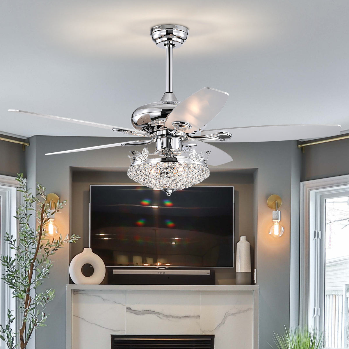 Misty Valley 52in. Modern Crystal Chrome Ceiling Fan with Light,5 Reversible Blade Remote Control Ceiling Fan for Living Room