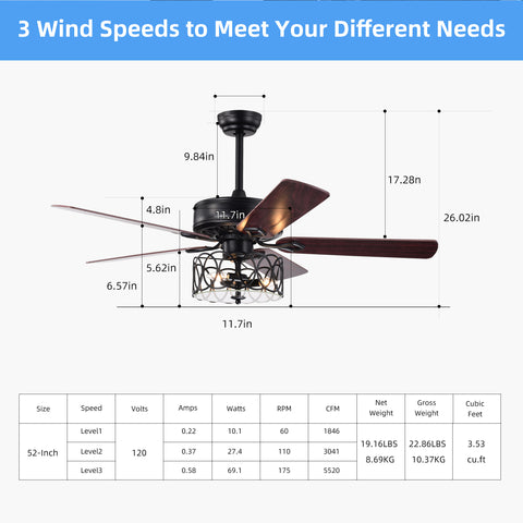 Misty Valley 52in. Ceiling Fan with Light and Remote Control, Ceiling Fan with 5 Blades for Patio Living Room, Bedroom, AC Motor,Industrial style, Matte Black