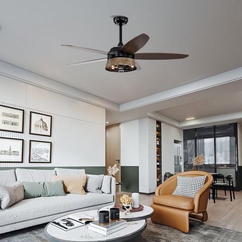 Misty Valley 52in. Modern Industrial Black Ceiling Fan with Remote, Wood Ceiling Fan for Patio Living Room