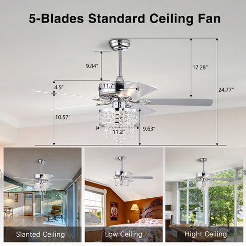 Misty Valley 52in. Modern Glam Crystal Reversible Ceiling Fan with Light for Living Room