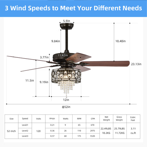 Misty Valley 52in. Industrial Black Ceiling Fan with Light, Remote Control,Wood Ceiling Fan for Living Room