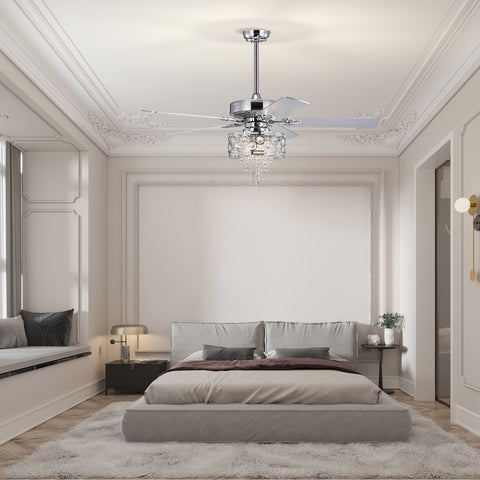 Misty Valley 52in. Modern Glam Chrome Crystal Reversible Ceiling Fan with Light,Remote Control Ceiling Fan for Living Room