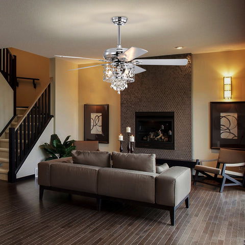 Misty Valley 52in. Modern Chrome Crystal Reversible Ceiling Fan with Light Remote Control, for Living Room,Bedroom