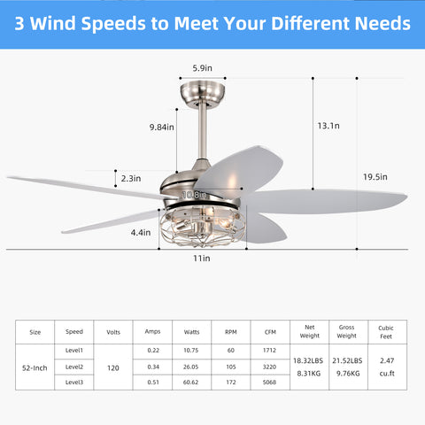 Misty Valley 52in. Industrial Brush Nickel Ceiling Fans with Light,Remote Control Ceiling Fan with for Living Room
