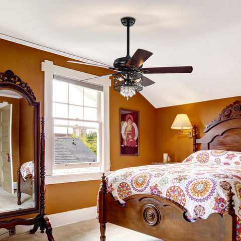 Misty Valley 52in. Modern Glam Crystal Matte Black Reversible Ceiling Fan with Light