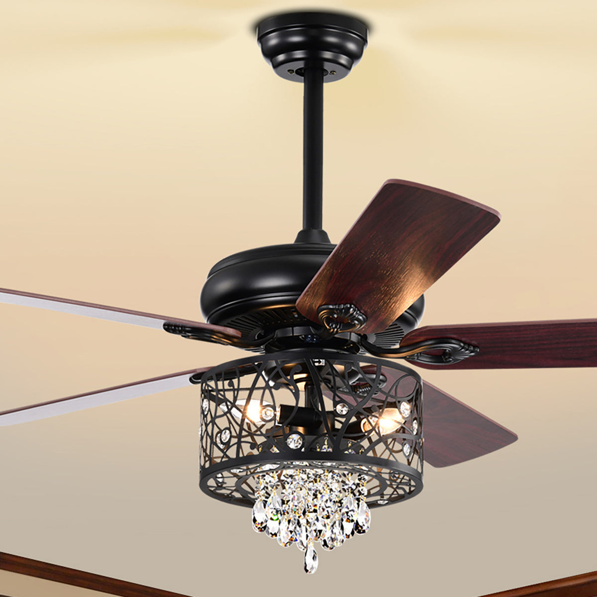 Misty Valley 52in. Modern Glam Crystal Matte Black Reversible Ceiling Fan with Light