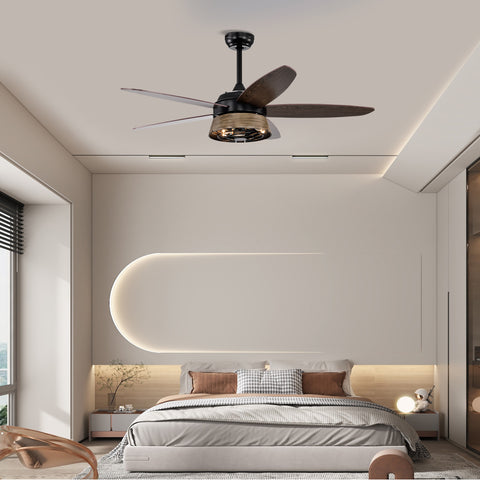 Misty Valley 52in. Modern Industrial Black Ceiling Fan with Remote, Wood Ceiling Fan for Patio Living Room