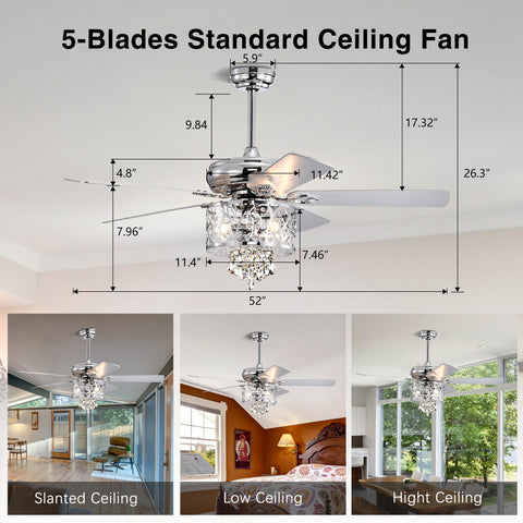 Misty Valley 52in. Modern Chrome Crystal Reversible Ceiling Fan with Light Remote Control, for Living Room,Bedroom