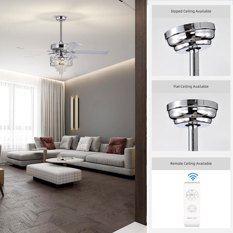 Misty Valley 52in. Modern Glam Chrome Crystal Reversible Ceiling Fan with Light,Remote Control Ceiling Fan for Living Room