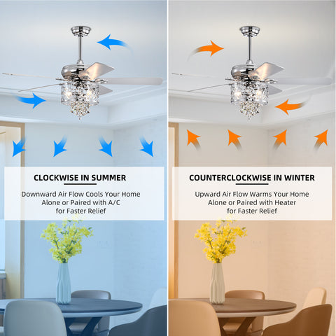 Misty Valley 52in. Modern Chrome Crystal Reversible Ceiling Fan with Light Remote Control, for Living Room,Bedroom