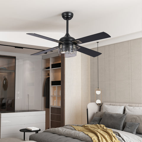 Misty Valley 48in. Modern Industrial Black Reversible Low Profile Ceiling Fan with Light For Living Room