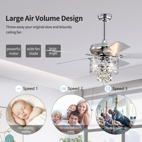 Misty Valley 52in. Modern Chrome Crystal Reversible Ceiling Fan with Light Remote Control, for Living Room,Bedroom