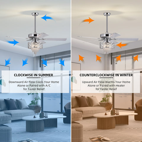 Misty Valley 52in. Modern Glam Chrome Crystal Reversible Ceiling Fan with Light,Remote Control Ceiling Fan for Living Room