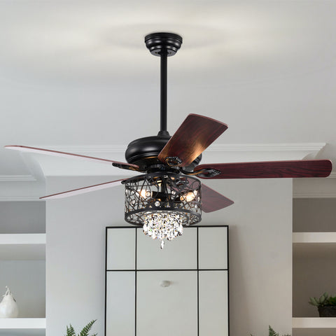 Misty Valley 52in. Modern Glam Crystal Matte Black Reversible Ceiling Fan with Light