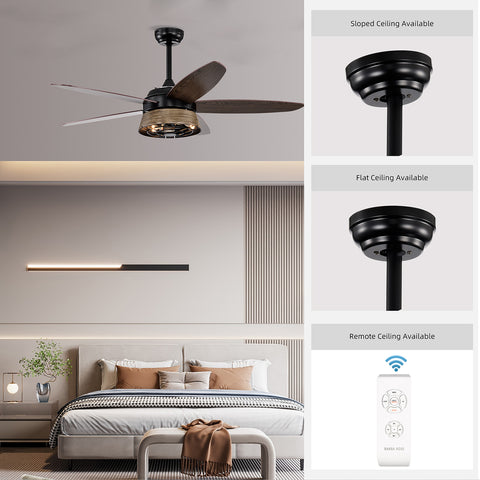 Misty Valley 52in. Modern Industrial Black Ceiling Fan with Remote, Wood Ceiling Fan for Patio Living Room