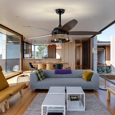 Misty Valley 52in. Modern Industrial Black Ceiling Fan with Remote, Wood Ceiling Fan for Patio Living Room