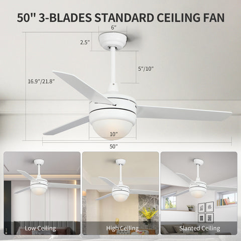 Misty Valley 50in. Modern White Ceiling Fan with Light, Remote Control Quiet Reversible Motor Ceiling Fan For Patio Living Room,