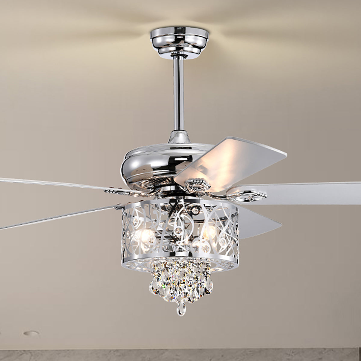 Misty Valley 52in. Modern Chrome Crystal Reversible Ceiling Fan with Light Remote Control, for Living Room,Bedroom