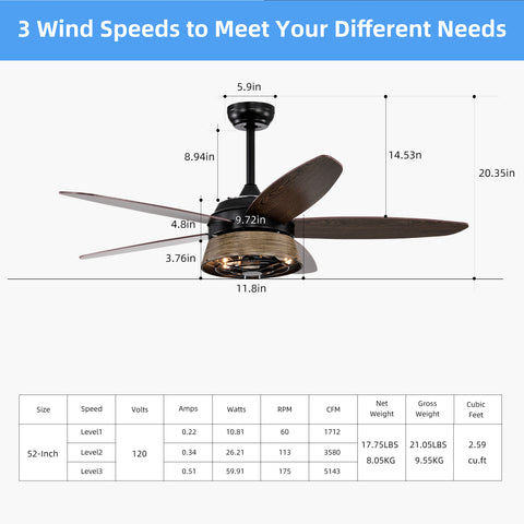 Misty Valley 52in. Modern Industrial Black Ceiling Fan with Remote, Wood Ceiling Fan for Patio Living Room