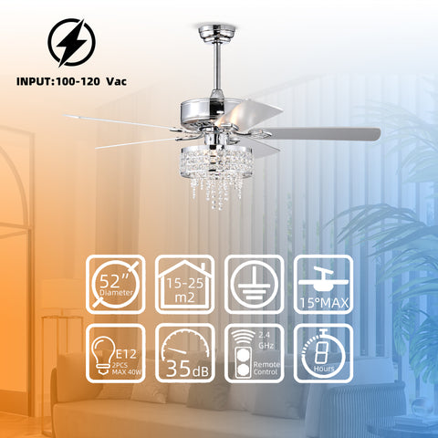 Misty Valley 52in. Modern Glam Crystal Reversible Ceiling Fan with Light for Living Room