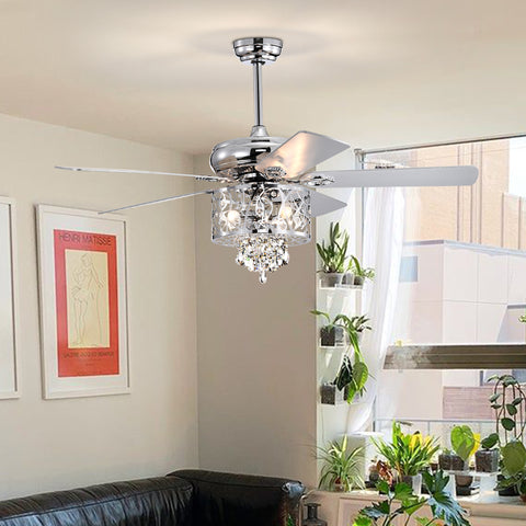Misty Valley 52in. Modern Chrome Crystal Reversible Ceiling Fan with Light Remote Control, for Living Room,Bedroom