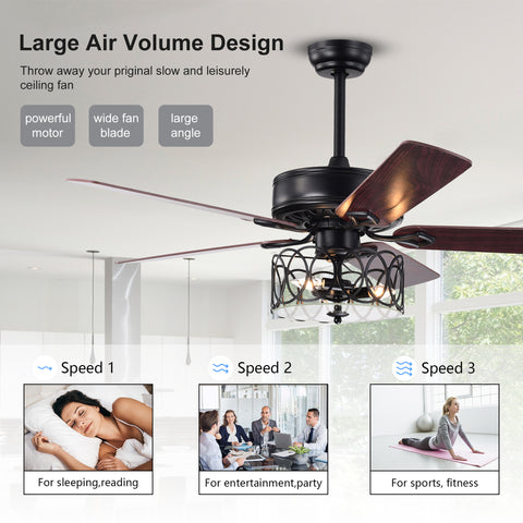 Misty Valley 52in. Ceiling Fan with Light and Remote Control, Ceiling Fan with 5 Blades for Patio Living Room, Bedroom, AC Motor,Industrial style, Matte Black