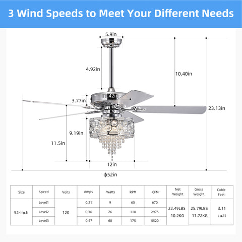 Misty Valley 52in. Modern Glam Chrome Crystal Reversible Ceiling Fan with Light,Remote Control Ceiling Fan for Living Room