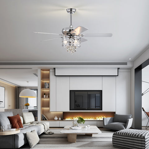 Misty Valley 52in. Modern Chrome Crystal Reversible Ceiling Fan with Light Remote Control, for Living Room,Bedroom