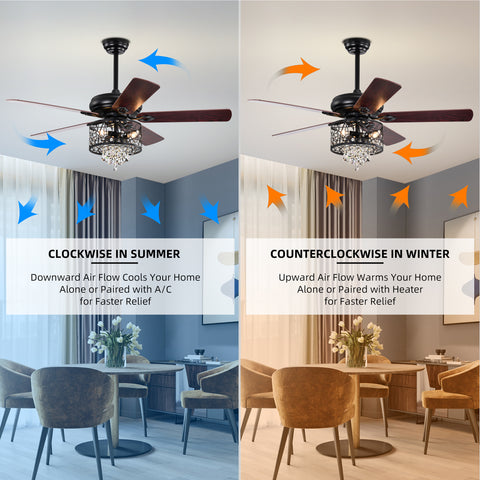 Misty Valley 52in. Modern Glam Crystal Matte Black Reversible Ceiling Fan with Light