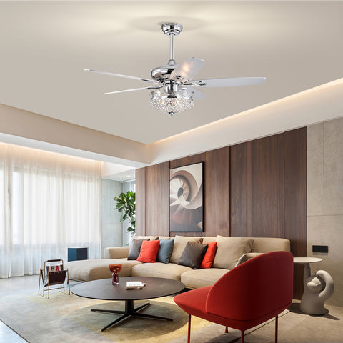 Misty Valley 52in. Modern Crystal Chrome Ceiling Fan with Light,5 Reversible Blade Remote Control Ceiling Fan for Living Room