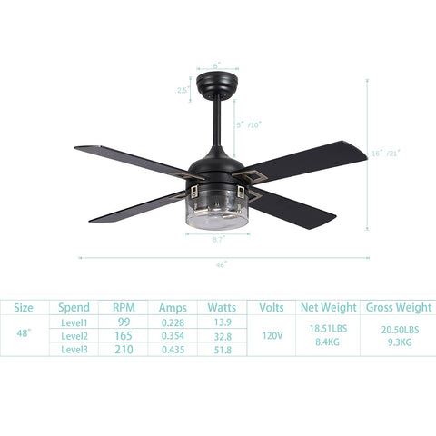 Misty Valley 48in. Modern Industrial Black Reversible Low Profile Ceiling Fan with Light For Living Room