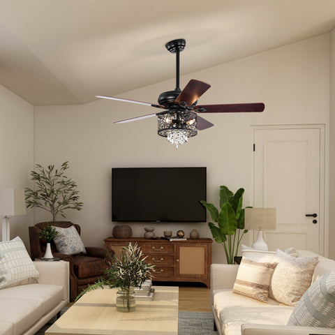 Misty Valley 52in. Modern Glam Crystal Matte Black Reversible Ceiling Fan with Light