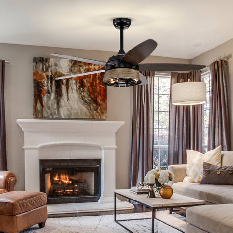 Misty Valley 52in. Modern Industrial Black Ceiling Fan with Remote, Wood Ceiling Fan for Patio Living Room