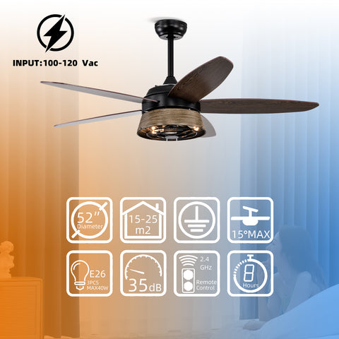 Misty Valley 52in. Modern Industrial Black Ceiling Fan with Remote, Wood Ceiling Fan for Patio Living Room