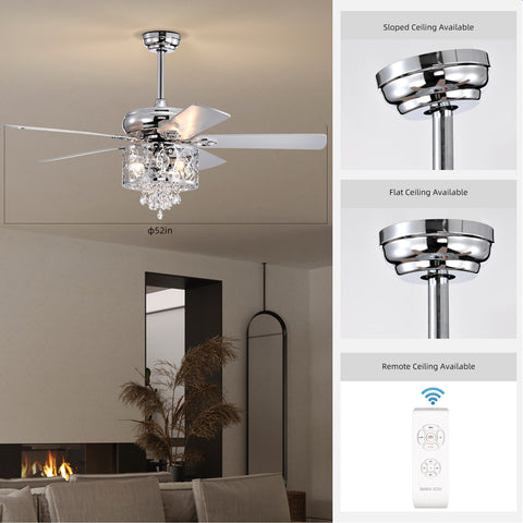 Misty Valley 52in. Modern Chrome Crystal Reversible Ceiling Fan with Light Remote Control, for Living Room,Bedroom