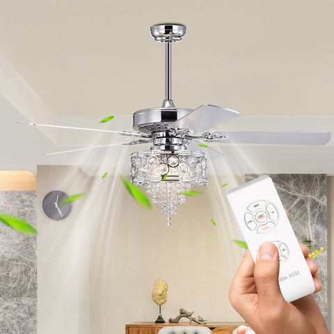 Misty Valley 52in. Modern Glam Chrome Crystal Reversible Ceiling Fan with Light,Remote Control Ceiling Fan for Living Room
