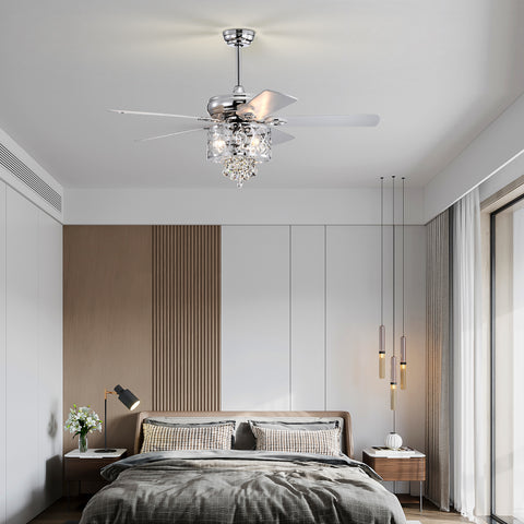 Misty Valley 52in. Modern Chrome Crystal Reversible Ceiling Fan with Light Remote Control, for Living Room,Bedroom