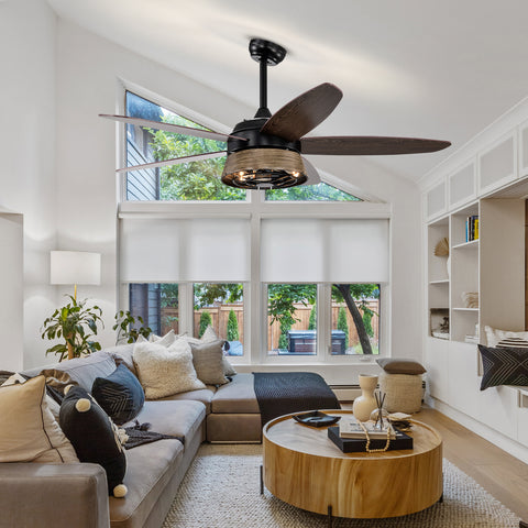 Misty Valley 52in. Modern Industrial Black Ceiling Fan with Remote, Wood Ceiling Fan for Patio Living Room